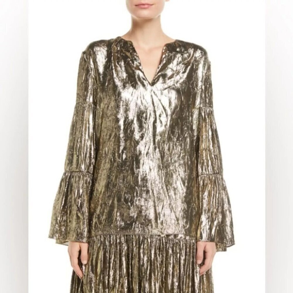 Michael Kors Collection Bell-Sleeve V-Neck Crushed-Lame Peasant Blouse, … - Picture 3 of 6
